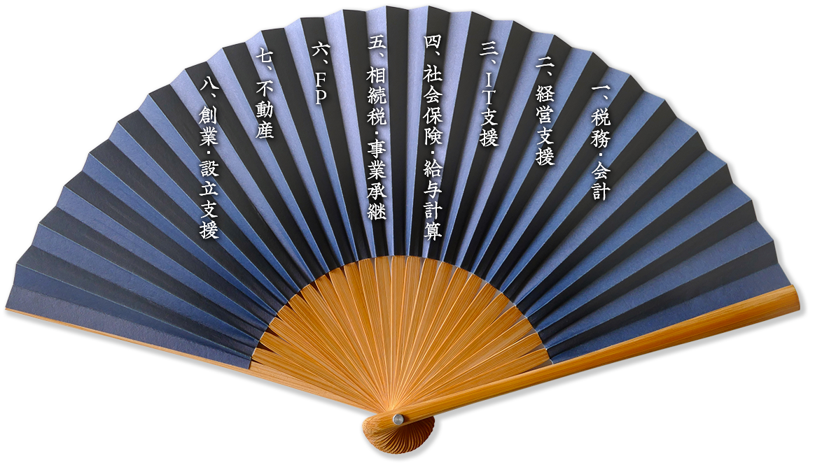 一、税務・会計　二、経営支援　三、ＩＴ支援　四、社会保険・給与計算　五、相続税・事業承継　 六、ＦＰ　七、不動産　　八、創業・設立支援